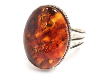 Amber Gemstone Ring Semi Precious Gold Honey Gem Stone Oval Adjustable 18 x 13 mm Silver Plated