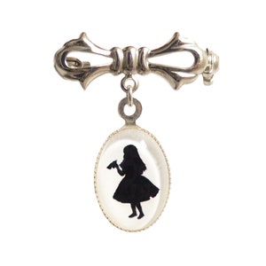 Victorian cameo brooch Alice in Wonderland DRINK ME illustration silhouette - gothic elegance