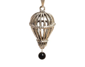 3D Silver Hot Air Balloon Necklace & Black Onyx Gemstone Drop Steampunk Victorian Gothic