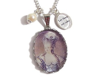 Queen Marie Antoinette charm necklace Let Them Eat Cake silver pendant faux pearl French France