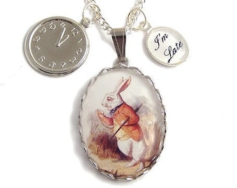 Alice in Wonderland The Late Rabbit necklace pendant - Steampunk clock watch silver charm pendant