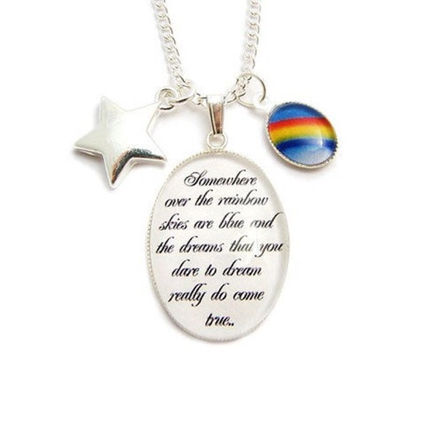 Wizard of Oz necklace - Somewhere over the rainbow lyrics & silver star charm pendant - Judy Garland Dorothy