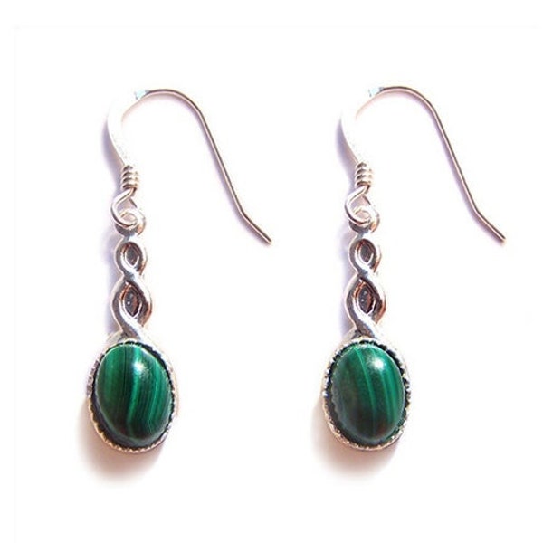 Sterling silver Celtic earrings - Malachite gemstone emerald green semi precious gem stone