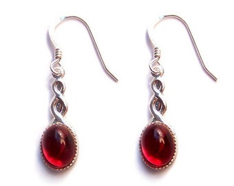 Sterling silver Celtic earrings - Ruby red oval cabochon with a Sterling silver ear hook