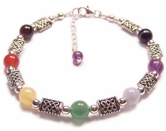 Sterling silver celtic chakra bracelet gemstone knot work - amethyst, garnet, lapis lazuli rainbow