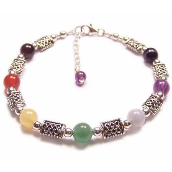 Sterling silver celtic chakra bracelet gemstone knot work - amethyst, garnet, lapis lazuli rainbow