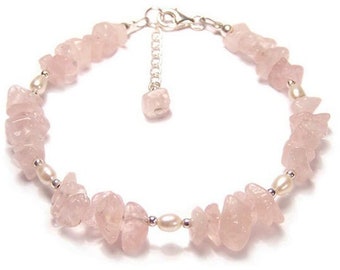 Rose Quartz & Pearl gemstone bracelet - Sterling silver pink semi precious gem stone, heart stone wedding romantic