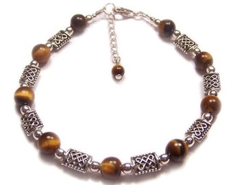 Tiger's eye Celtic bracelet - Sterling silver gemstone bracelet - brown marbled semi precious gemstone, gem stone knotwork