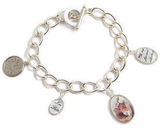 Alice in Wonderland silver charm bracelet - The White rabbit clock watch "I'm late" 4 charms