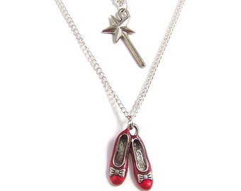 Wizard of Oz silver charm necklace - Ruby Red Slippers necklace & The Good Witch's magical wand