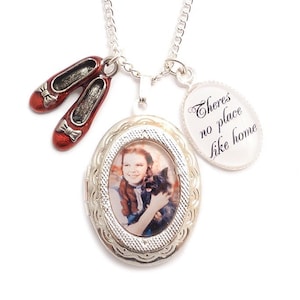 Wizard of Oz charm locket necklace There&#39;s no place like Home Ruby red shoes & Dorothy