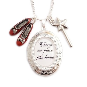 Wizard of Oz locket necklace - There&#39;s no place like Home Dorothy Ruby red shoes & wand charms