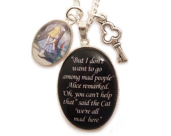 Alice in wonderland necklace Cheshire cat We're all mad here with key charm pendant