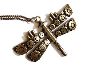 Victorian steampunk DRAGONFLY necklace - Mechanical antique brass goth gothic unusual charm
