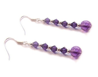 Sterling silver Amethyst gemstone earrings & purple Swarovski crystal drop, semi precious gem stone