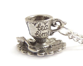 Tea cup necklace Alice in Wonderland silver necklace It's always Tea time Teacup Tea party