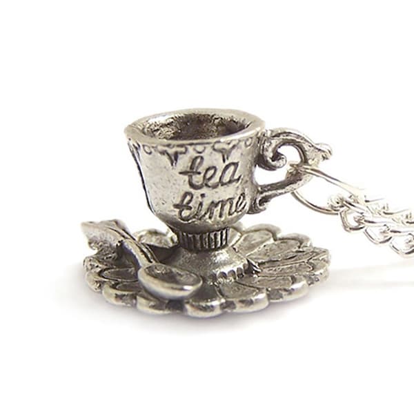 Tea cup necklace Alice in Wonderland silver necklace It's always Tea time Teacup Tea party