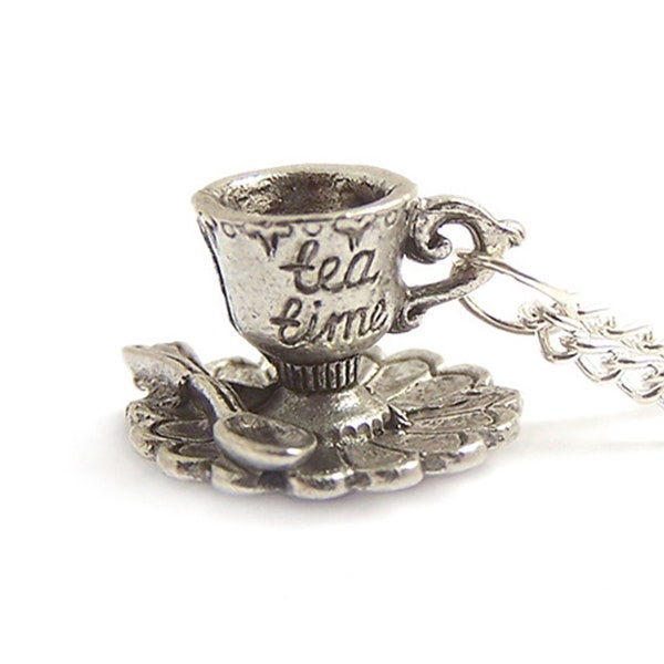 Tea cup necklace Alice in Wonderland silver necklace It's always Tea time Teacup Tea party