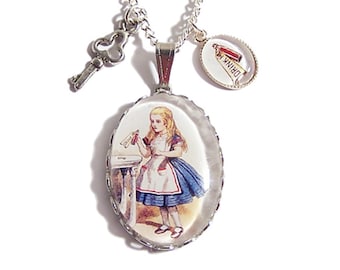 Alice in Wonderland necklace pendant - Drink me bottle & key silver charm necklace