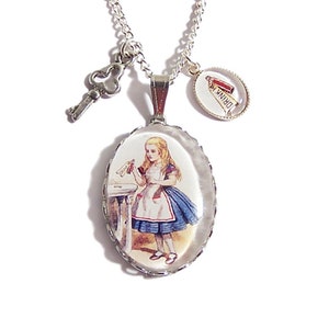 Alice in Wonderland necklace pendant - Drink me bottle & key silver charm necklace