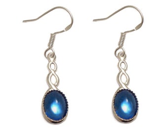 Sterling silver Celtic earrings - Sapphire blue oval cabochon with a Sterling silver ear hook