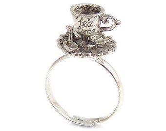 Tea cup ring Alice in Wonderland ring - Darling little TEA TIME charm adjustable - Mad Hatters Tea party