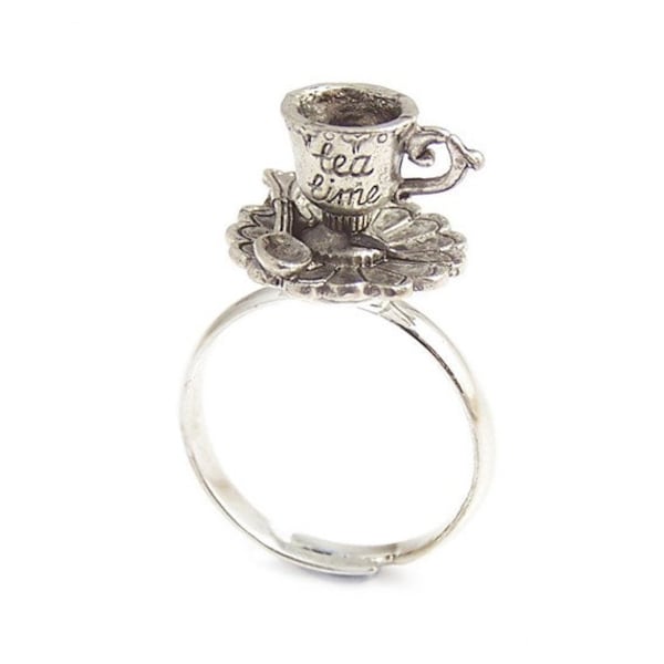 Tea cup ring Alice in Wonderland ring - Darling little TEA TIME charm adjustable - Mad Hatters Tea party