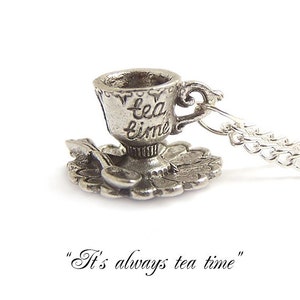 Tea cup necklace Alice in Wonderland silver necklace It's always Tea time Teacup Tea party image 4