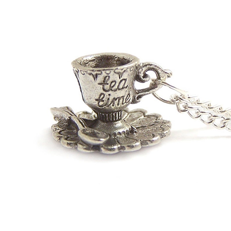 Tea cup necklace Alice in Wonderland silver necklace It's always Tea time Teacup Tea party image 1