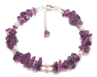 Sterling silver Amethyst & Pearl gemstone bracelet - purple semi precious gem stone, wedding romantic bridal