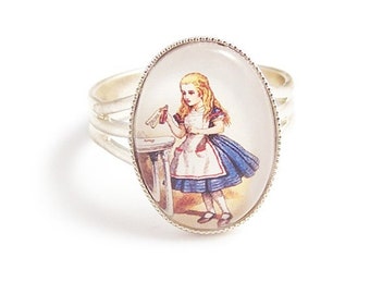 Alice in Wonderland DRINK ME illustration ring - adjustable silver ring