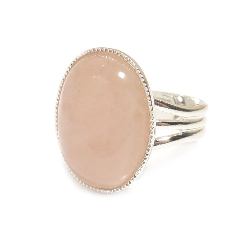 Rose Quartz Gemstone Ring Semi Precious Pink Gem Stone Oval Adjustable 18 x 13 mm Silver Plated