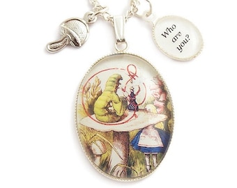 Alice in Wonderland The Caterpillar charm necklace pendant & mushroom silver charms