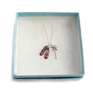 Ruby Red Slippers necklace & The Good Witch's magical wand Wizard of Oz silver charm necklace image 4