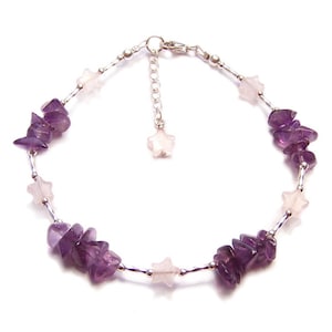 Sterling silver Amethyst & Rose quartz gemstone bracelet with stars semi precious gem stone pink purple