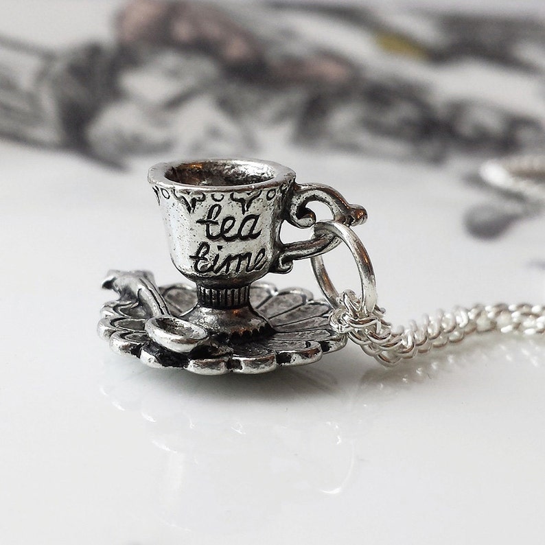 Tea cup necklace Alice in Wonderland silver necklace It's always Tea time Teacup Tea party image 5