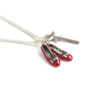 Ruby Red Slippers necklace & The Good Witch's magical wand Wizard of Oz silver charm necklace image 3