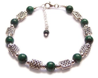 Malachite bracelet Celtic Sterling silver gemstone bracelet- emerald green gem stone knotwork