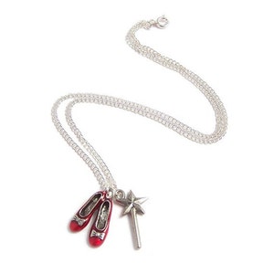 Ruby Red Slippers necklace & The Good Witch's magical wand Wizard of Oz silver charm necklace image 2