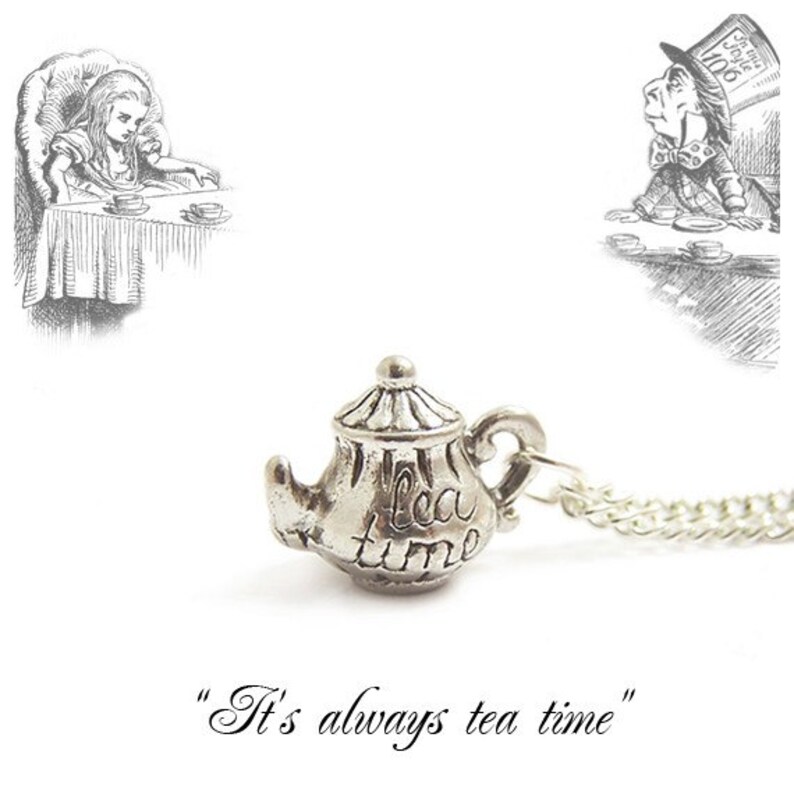 Tea pot necklace Alice in Wonderland silver necklace It's always TEA time Teapot Tea party image 3