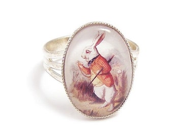 Alice in Wonderland ring - The Late Rabbit illustration adjustable silver ring "Oh dear! I shall be late"