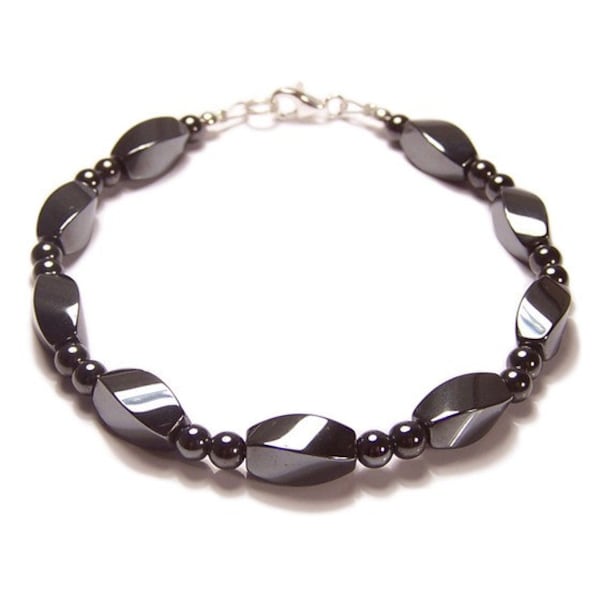 Sterling silver Hematite bracelet Unisex Twist magnetic Haematite glossy grey black