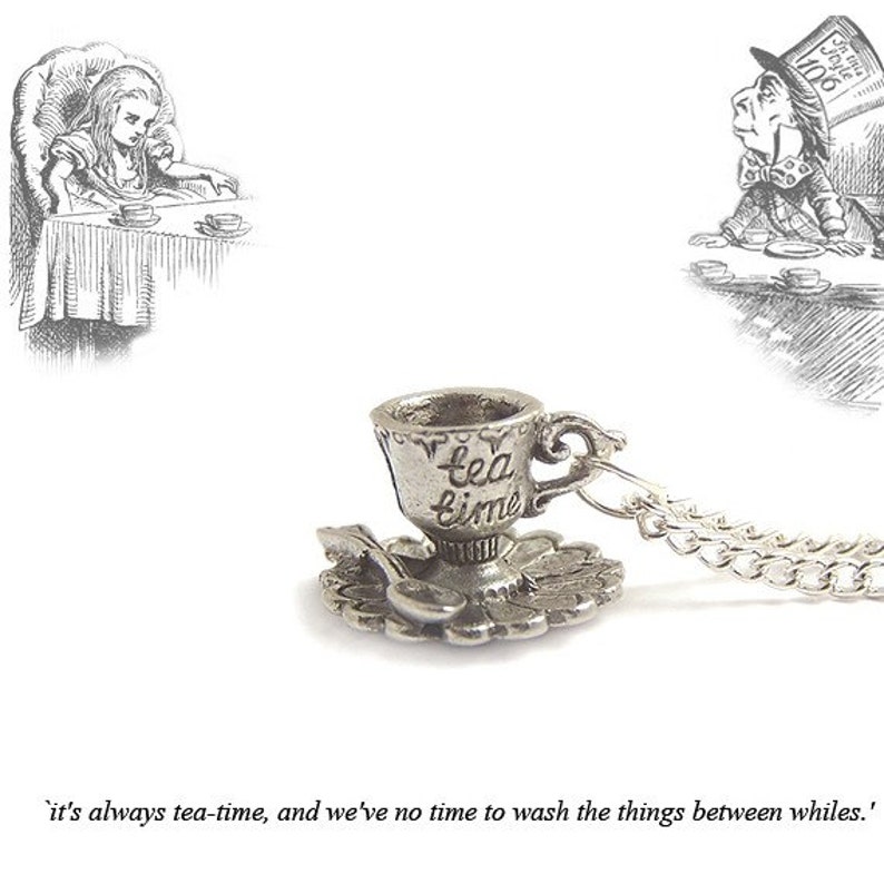 Tea cup necklace Alice in Wonderland silver necklace It's always Tea time Teacup Tea party image 3