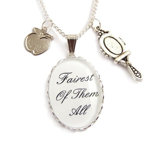 Fairest of them all silver Snow White necklace - fairy tale necklace apple & mirror charm