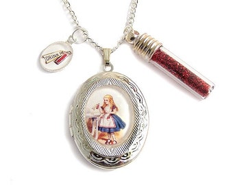 Alice in Wonderland silver charm locket necklace - DRINK ME with glitter vial bottle