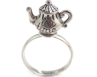 Tea pot silver ring Alice in Wonderland TEA TIME silver ring adjustable - Mad Hatters Tea party