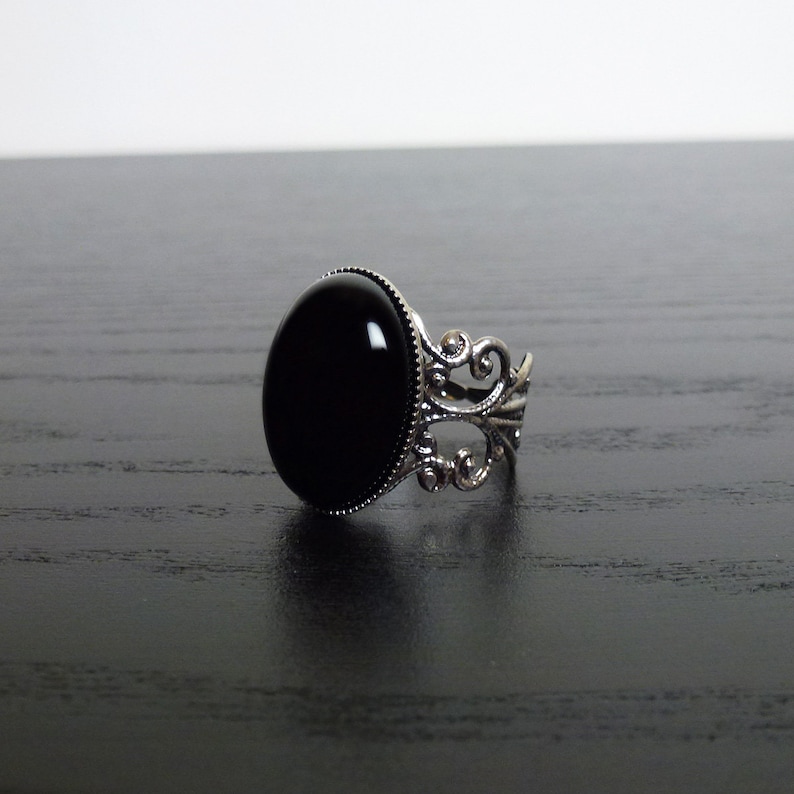 gothic goth steampunk elegance Victorian Black Onyx filigree silver ring