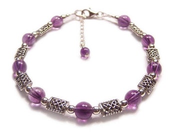 Sterling silver Amethyst gemstone bracelet Celtic knot work - purple semi precious gem stone knotwork