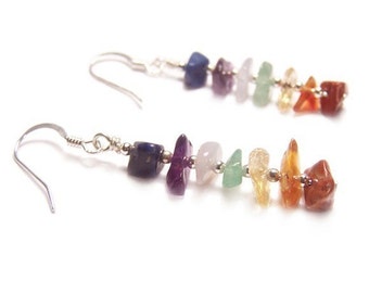 Sterling silver Chakra earrings rainbow gemstone chips - amethyst citrine carnelian aventurine