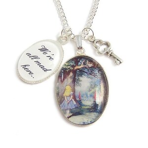 Cheshire cat We're all mad here necklace Alice in wonderland necklace with key charm pendant image 1